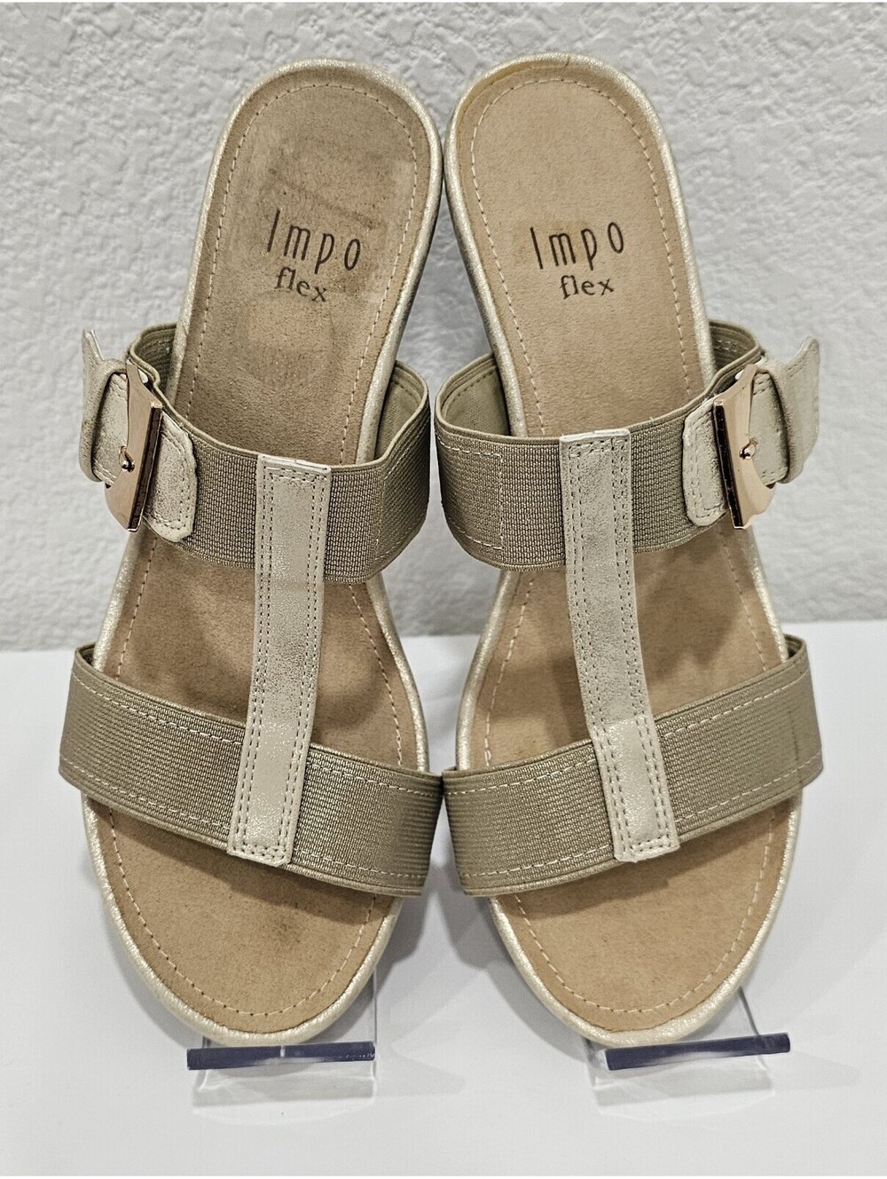 Impo Stretch Gladen Shoes Womens Wedge Sandal Slip On Gold Size 7.5 M - Picture 2 of 14